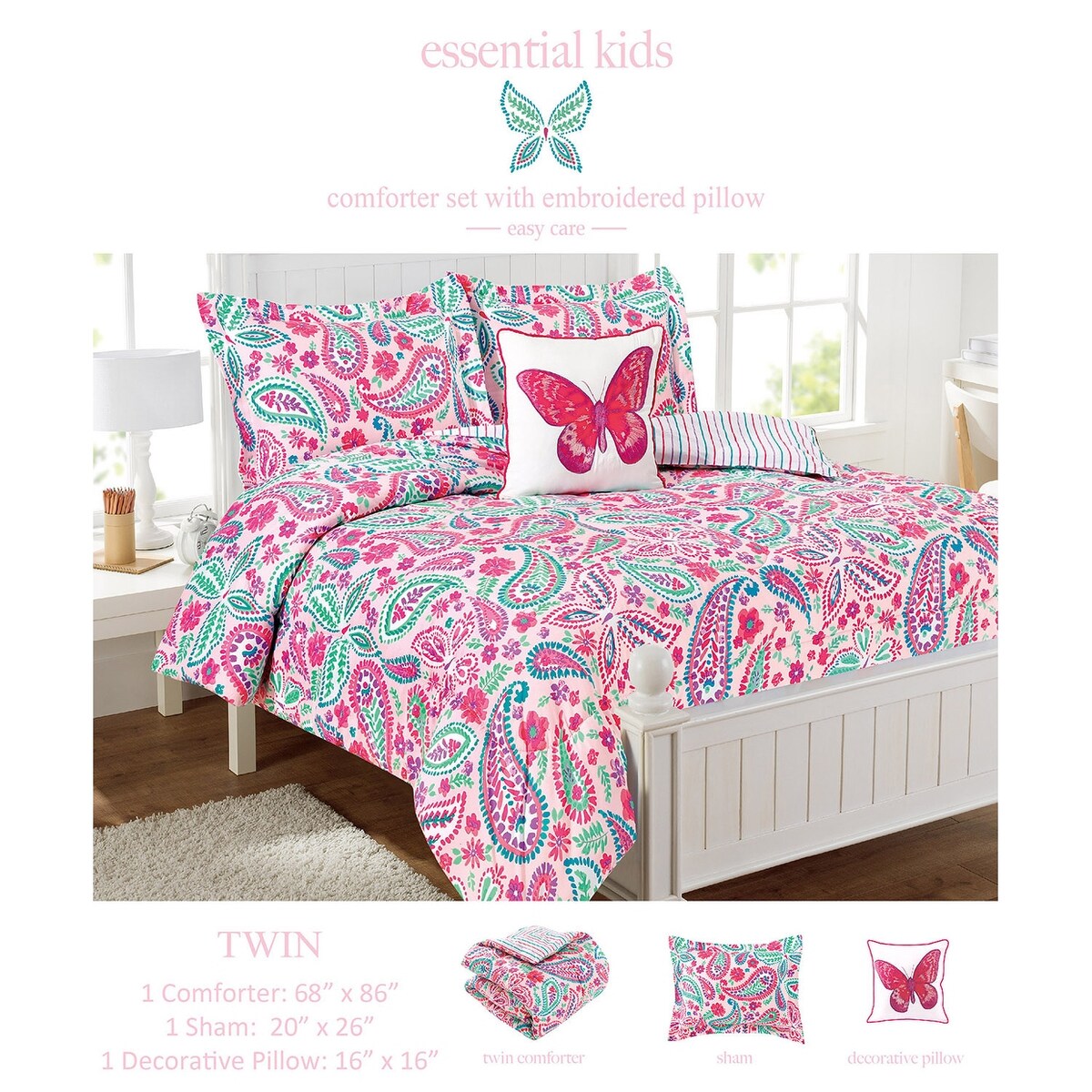 Parure de lit à motif floral rose aquarelle avec coussin décoratif papillon