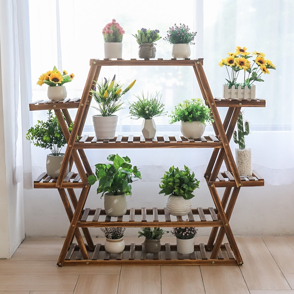Grand support de jardin en bois pour plantes d'intérieur et d'extérieur, échelle, étagères