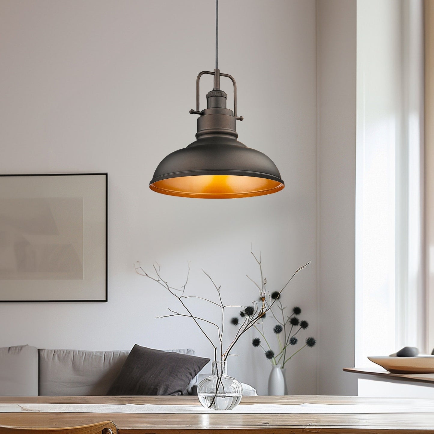 Suspension industrielle à 1 lumière, style dôme en métal, finition bronze huilé