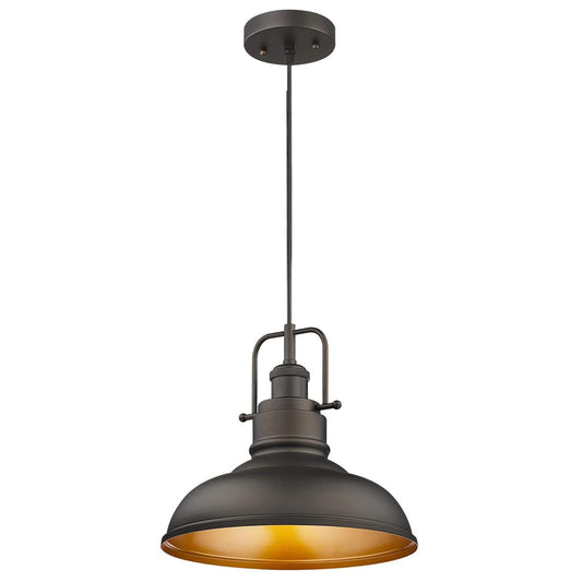 Suspension industrielle à 1 lumière, style dôme en métal, finition bronze huilé