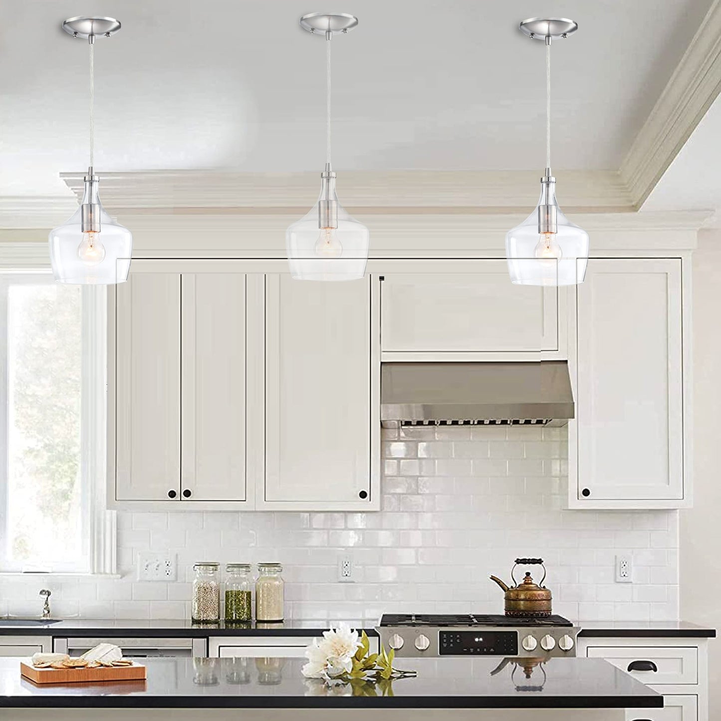 Suspension en verre transparent en forme de larme pour îlot de cuisine à 1 lumière (1 ou 3 packs au choix)
