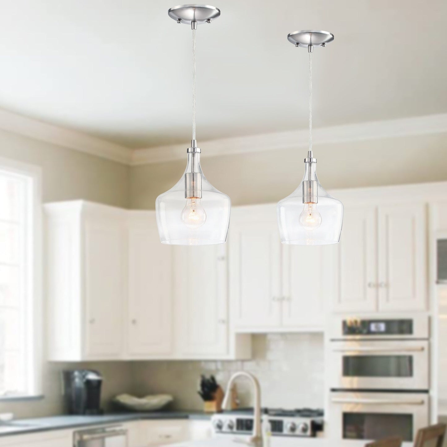 Suspension en verre transparent en forme de larme pour îlot de cuisine à 1 lumière (1 ou 3 packs au choix)