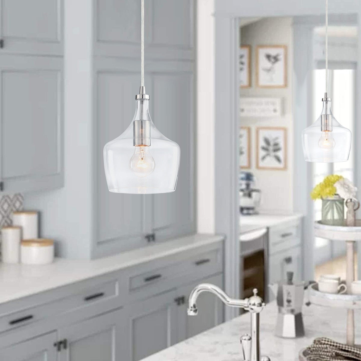 Suspension en verre transparent en forme de larme pour îlot de cuisine à 1 lumière (1 ou 3 packs au choix)