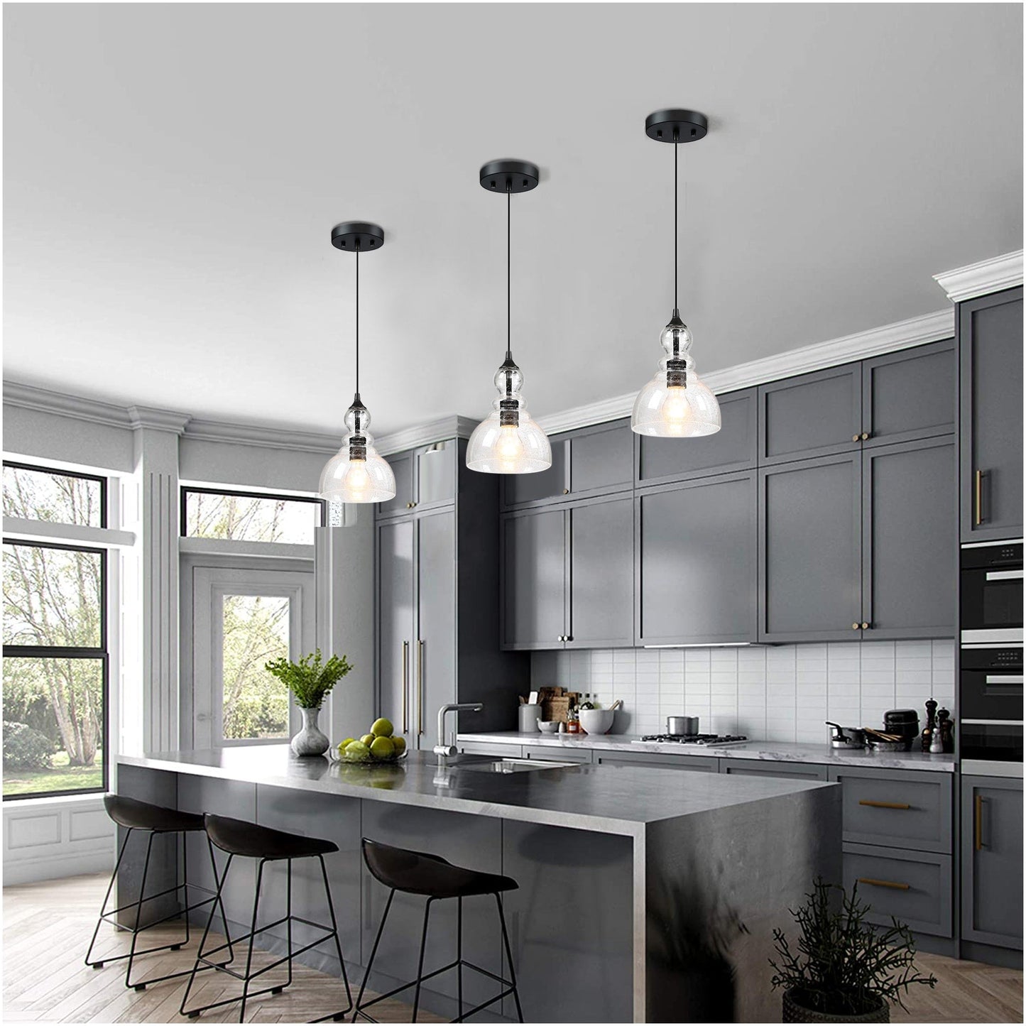Suspension en verre grainé en forme de larme pour îlot de cuisine à 1 lumière avec finition noire, paquet de 3