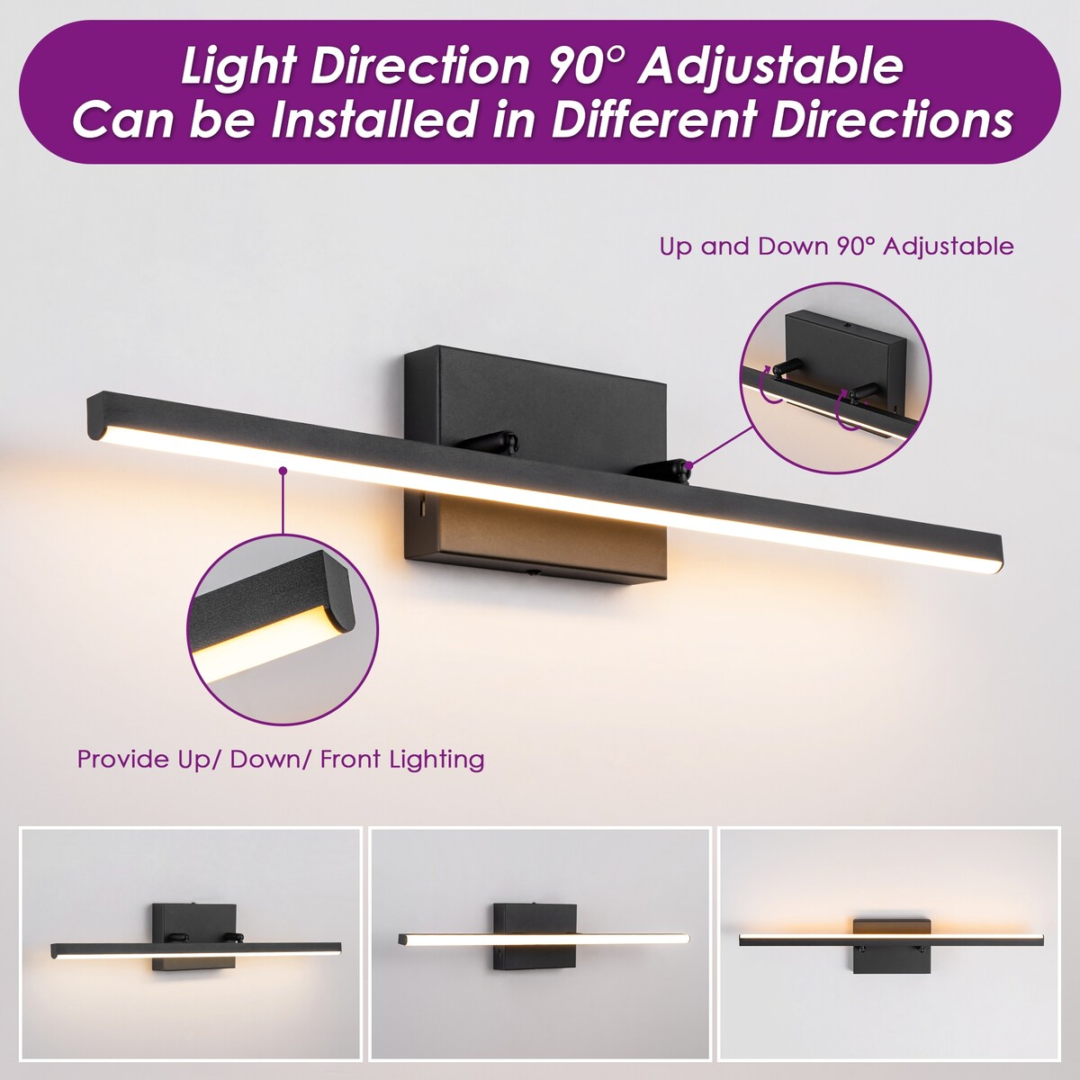 Applique murale LED intégrée rotative et linéaire noire moderne à 1 ampoule, à intensité variable et à changement de couleur