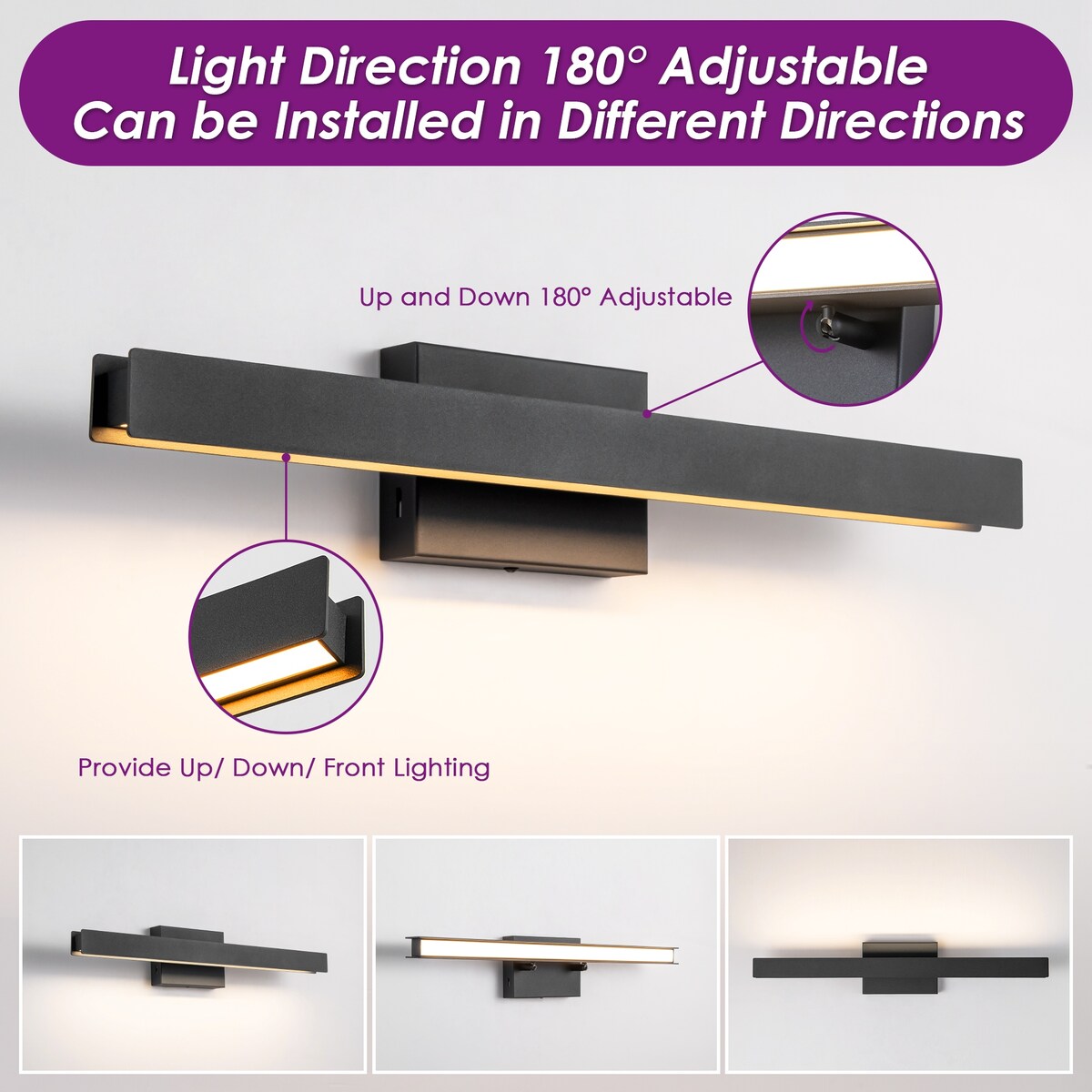 Applique murale LED intégrée rotative et linéaire noire moderne à 1 ampoule, à intensité variable et à changement de couleur