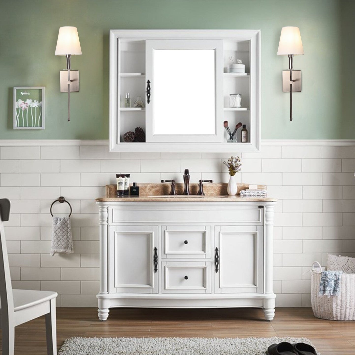 Applique murale à 1 lumière avec abat-jour en tissu blanc