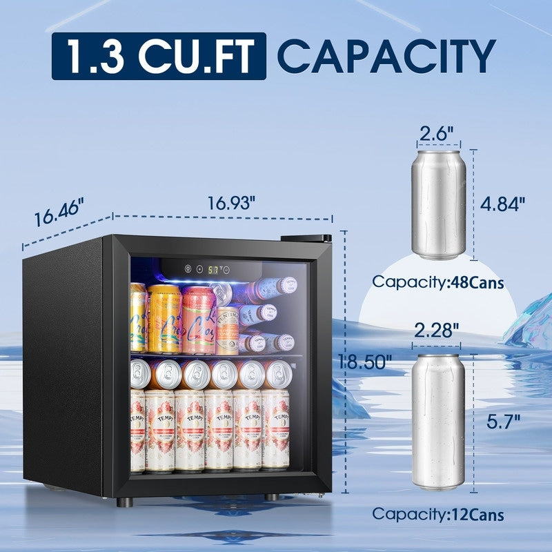Réfrigérateur à boissons de 1,3 pi³ - Mini-réfrigérateur pour 48 canettes et 12 bouteilles, porte vitrée, commande tactile électronique