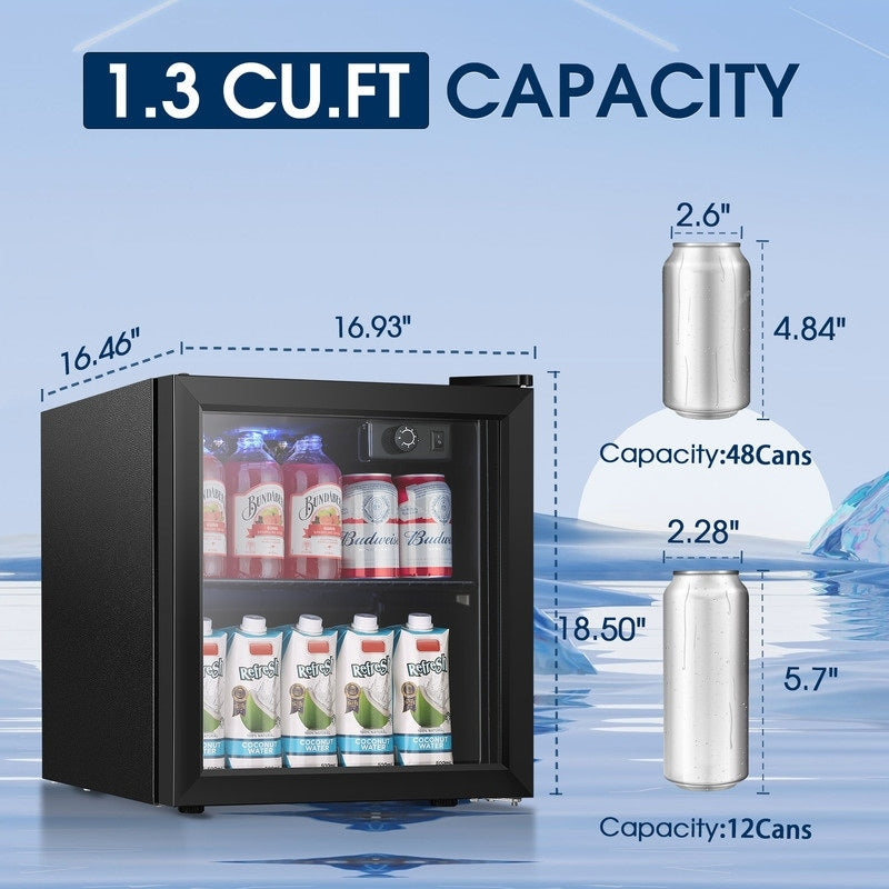 Réfrigérateur à boissons de 1,3 pi³ - Mini-réfrigérateur pour 48 canettes et 12 bouteilles, porte en verre, commande par bouton