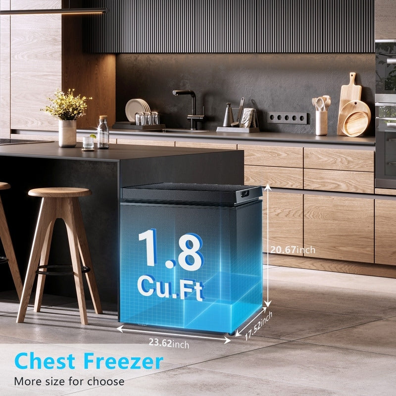 Congélateur coffre de 1,8 pi³ avec panier amovible, vidange par le bas, thermostat à 7 niveaux, conception autonome pour maison et appartement