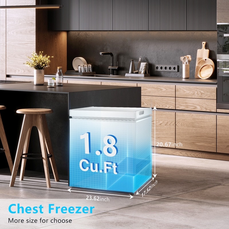 Congélateur coffre de 1,8 pi³ avec panier amovible, vidange par le bas, thermostat à 7 niveaux, conception autonome pour maison et appartement