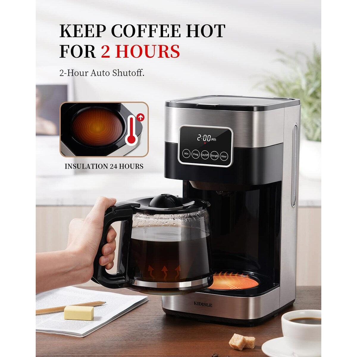 Cafetière programmable 10 tasses 2.0, cafetière filtre avec écran tactile, carafe en verre, plaque chauffante, infusion normale et forte