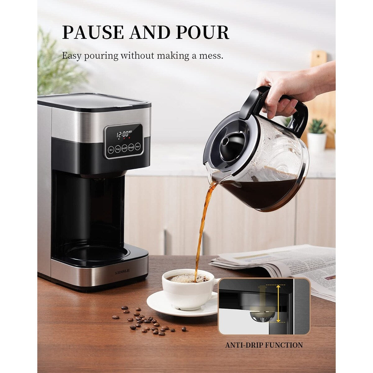 Cafetière programmable 10 tasses 2.0, cafetière filtre avec écran tactile, carafe en verre, plaque chauffante, infusion normale et forte