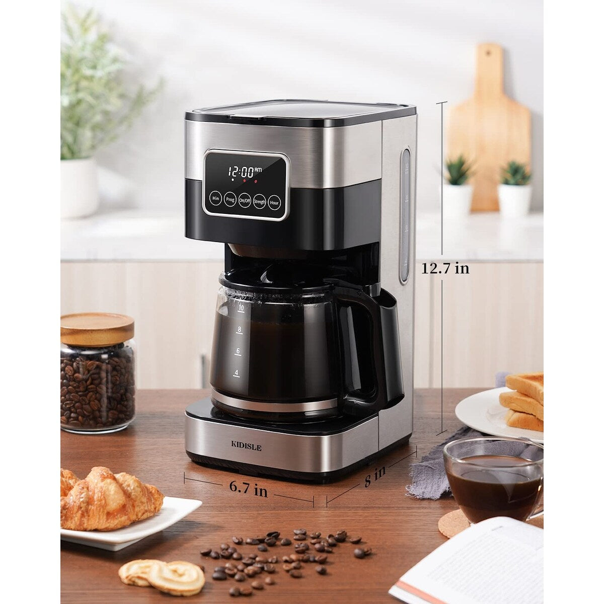Cafetière programmable 10 tasses 2.0, cafetière filtre avec écran tactile, carafe en verre, plaque chauffante, infusion normale et forte
