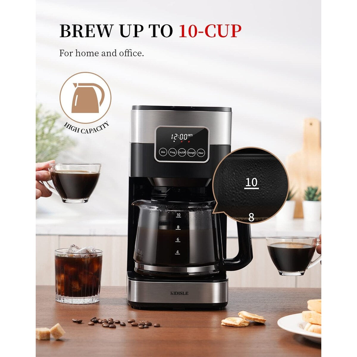 Cafetière programmable 10 tasses 2.0, cafetière filtre avec écran tactile, carafe en verre, plaque chauffante, infusion normale et forte