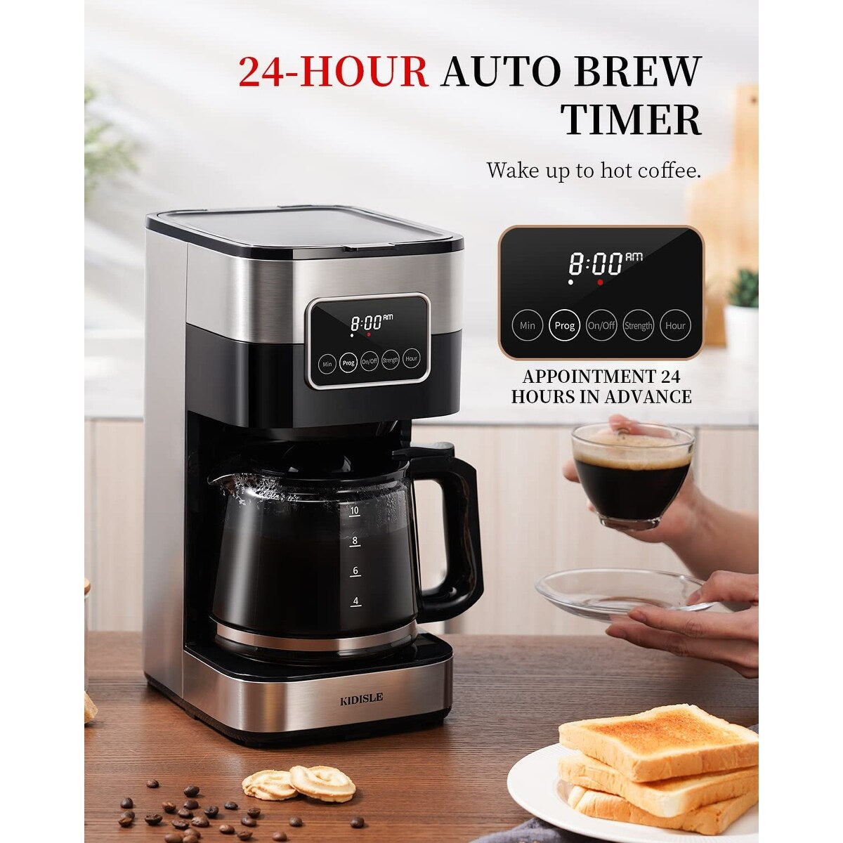 Cafetière programmable 10 tasses 2.0, cafetière filtre avec écran tactile, carafe en verre, plaque chauffante, infusion normale et forte