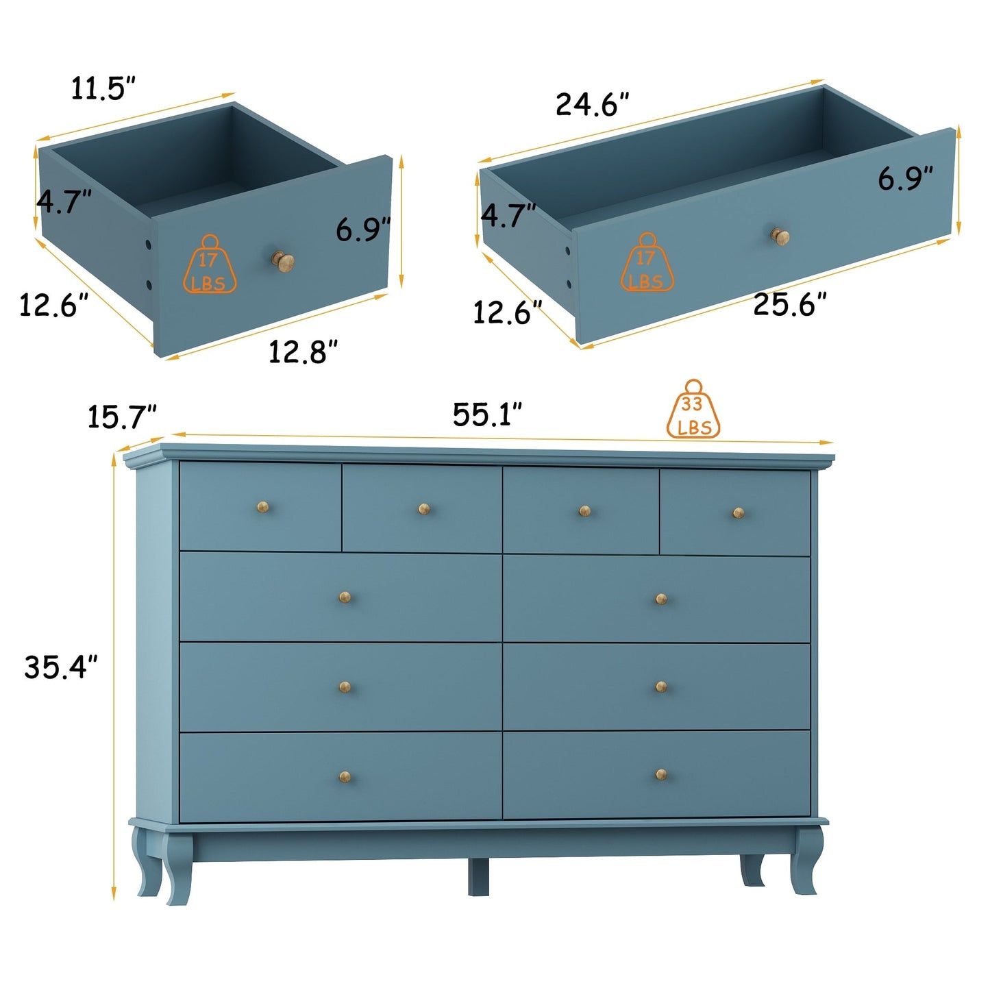 Commode double blanche à 10 tiroirs pour chambre à coucher, grand espace de rangement
