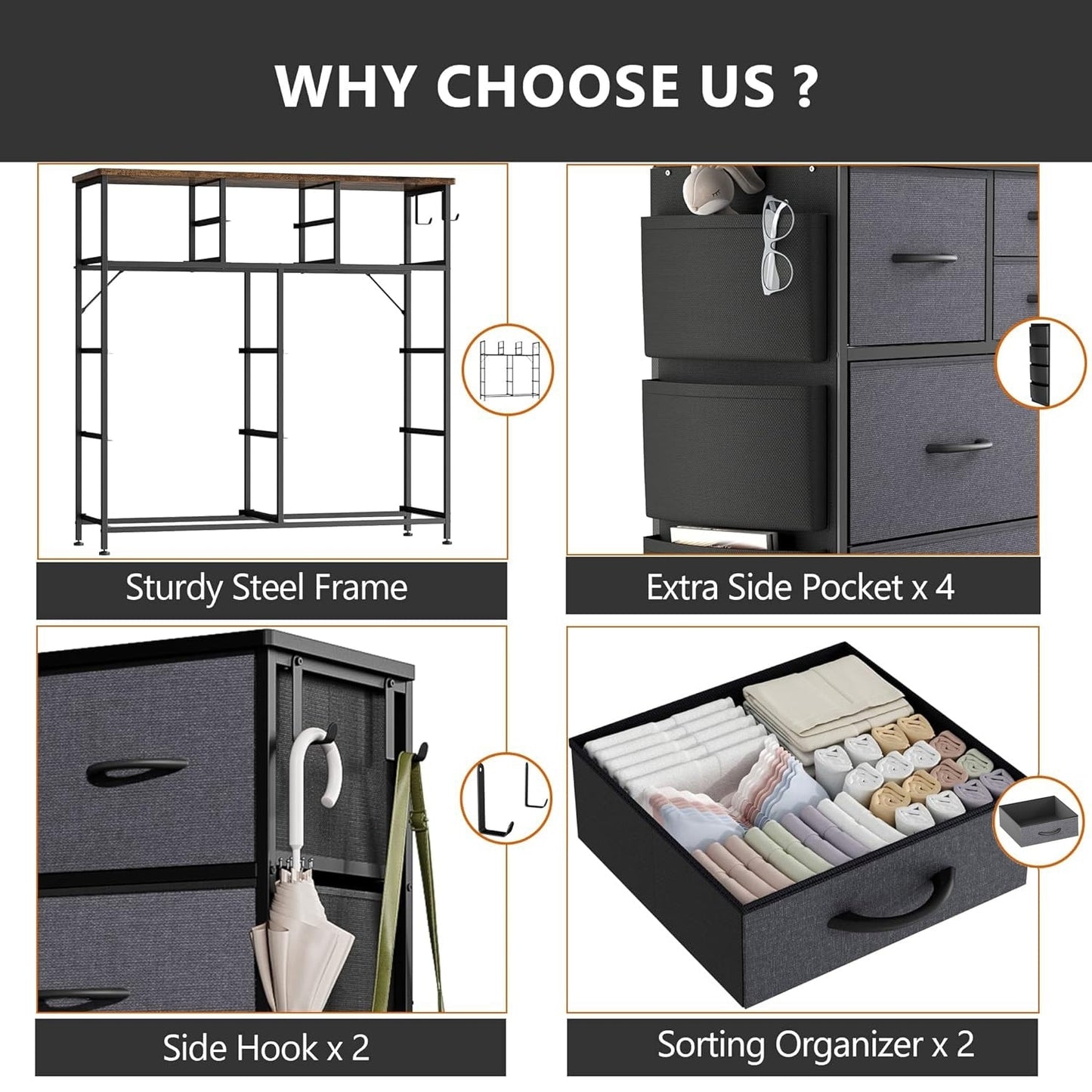 Commode à 10 tiroirs en tissu, armoire de rangement, unité de rangement pour chambre à coucher