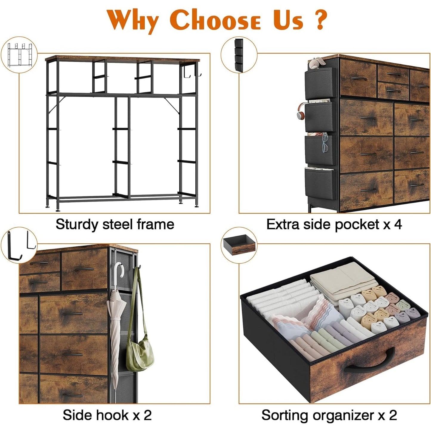 Commode à 10 tiroirs en tissu, armoire de rangement, unité de rangement pour chambre à coucher