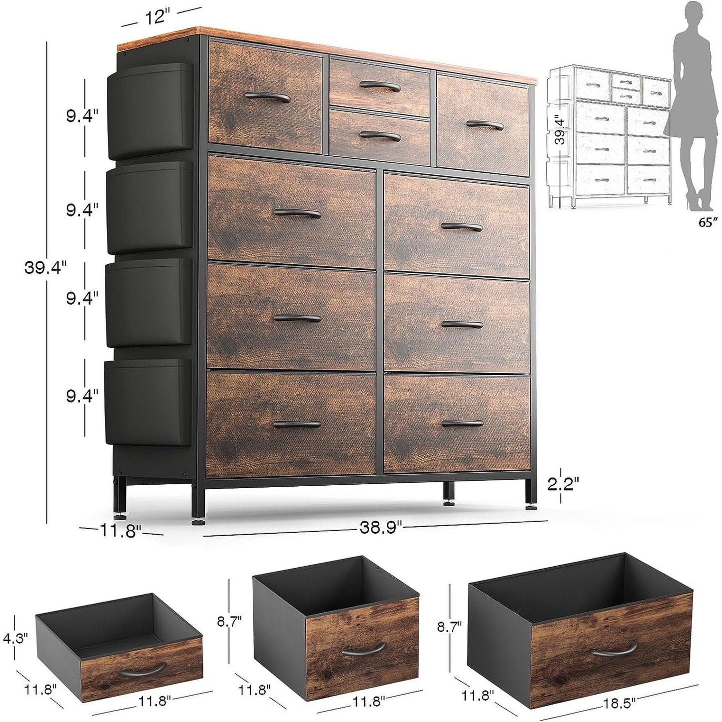 Commode à 10 tiroirs en tissu, armoire de rangement, unité de rangement pour chambre à coucher