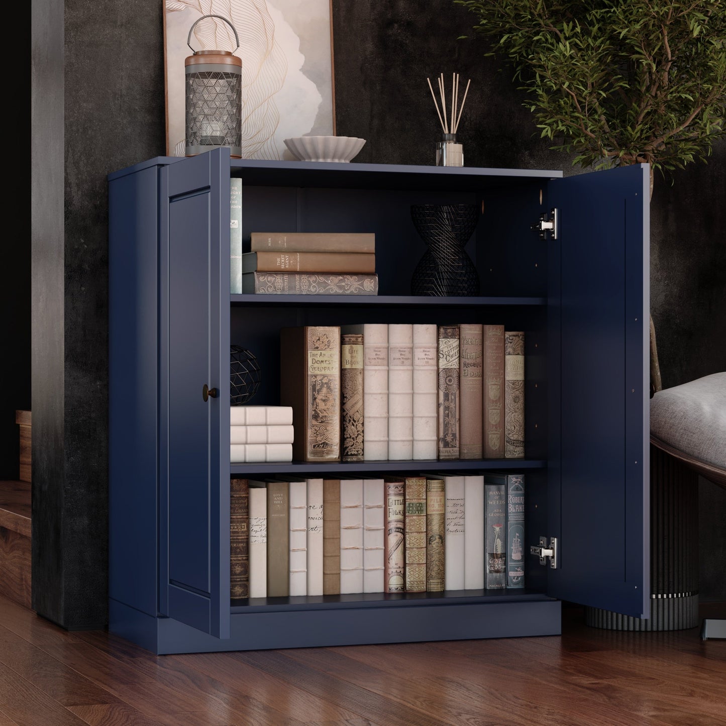 Bibliothèque 100 % bois massif à 3 étagères avec portes en option par Palace Imports