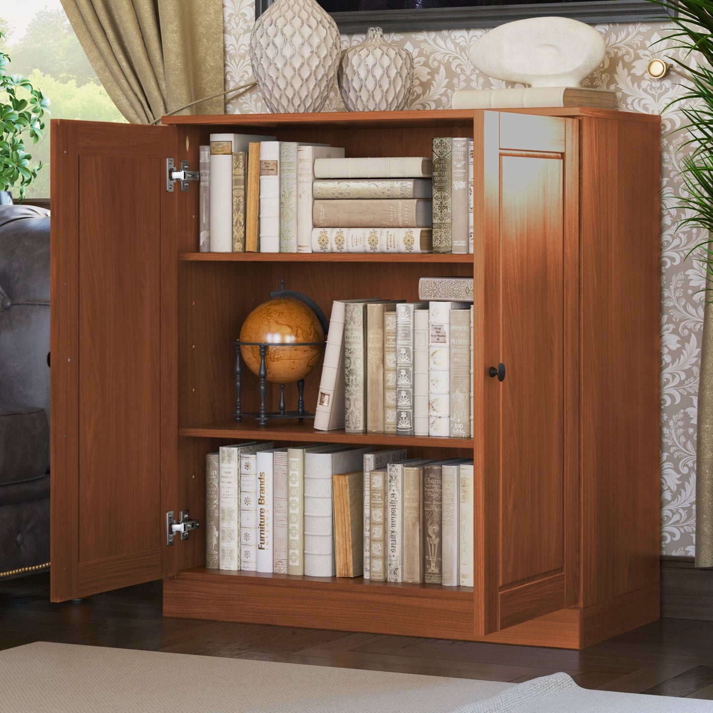 Bibliothèque 100 % bois massif à 3 étagères avec portes en option par Palace Imports