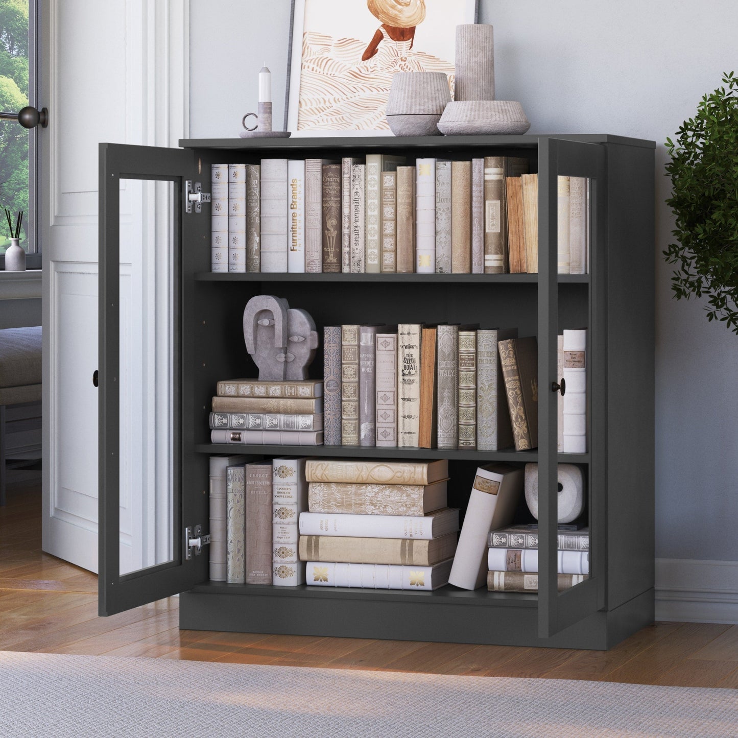 Bibliothèque 100 % bois massif à 3 étagères avec portes en option par Palace Imports