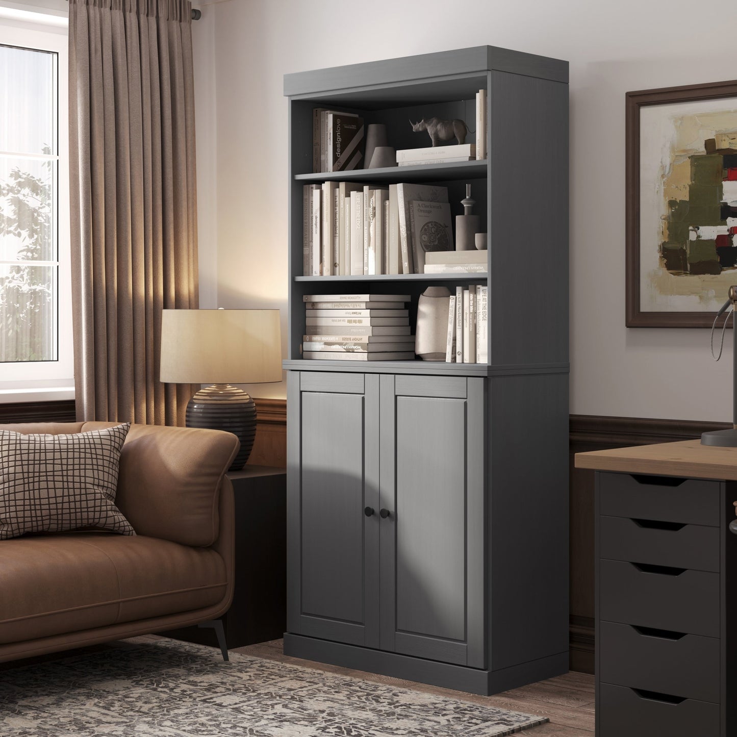 Bibliothèque 100 % bois massif à 6 étagères avec portes en option par Palace Imports