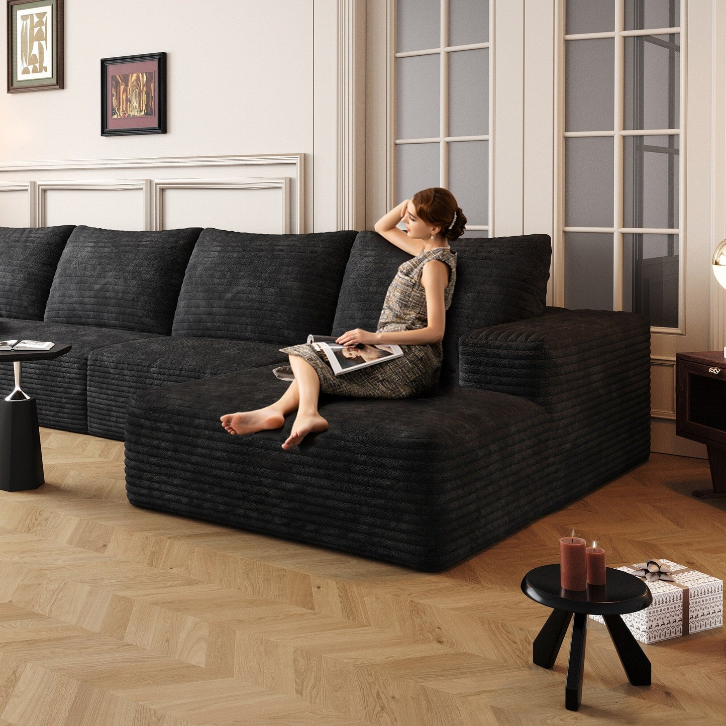 Canapé sectionnel modulaire en velours côtelé de 107 pouces avec méridienne et assise profonde pour salon et chambre à coucher