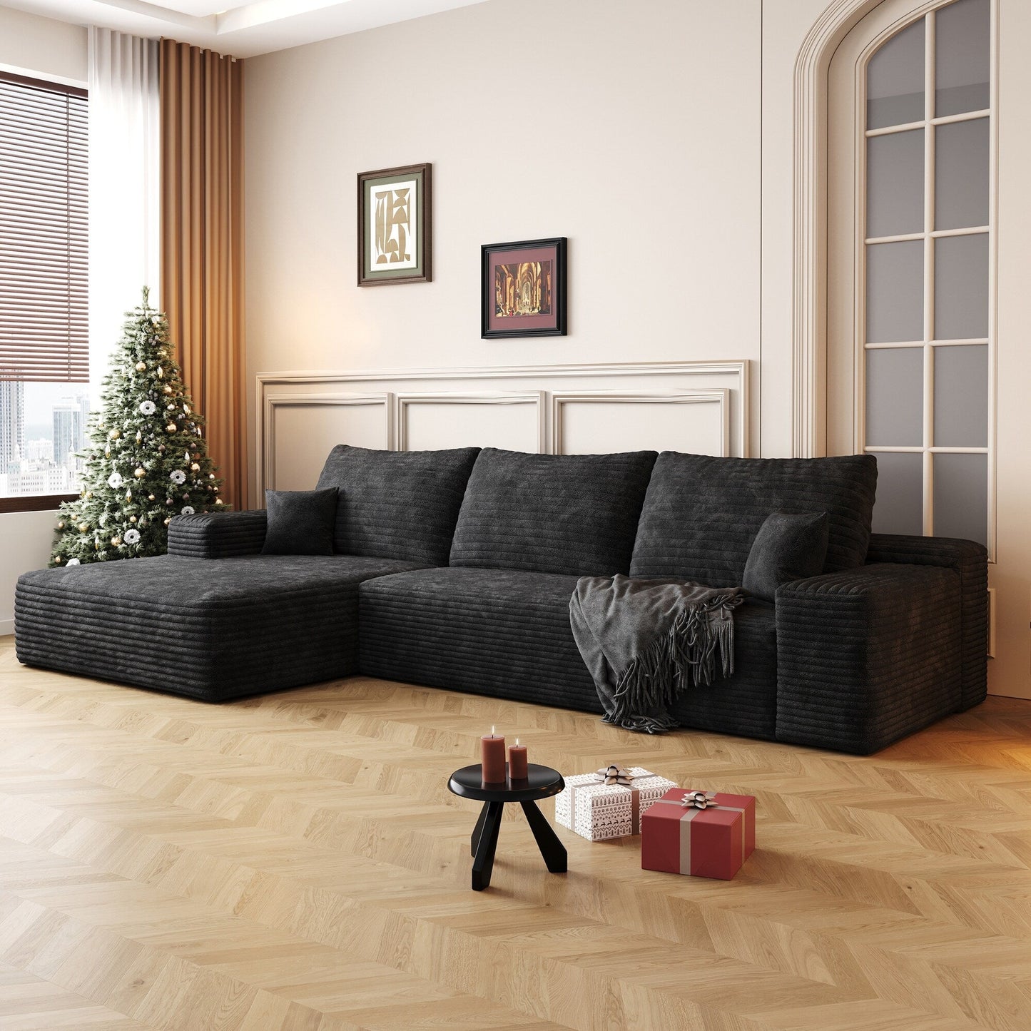 Canapé sectionnel modulaire en velours côtelé de 107 pouces avec méridienne et assise profonde pour salon et chambre à coucher