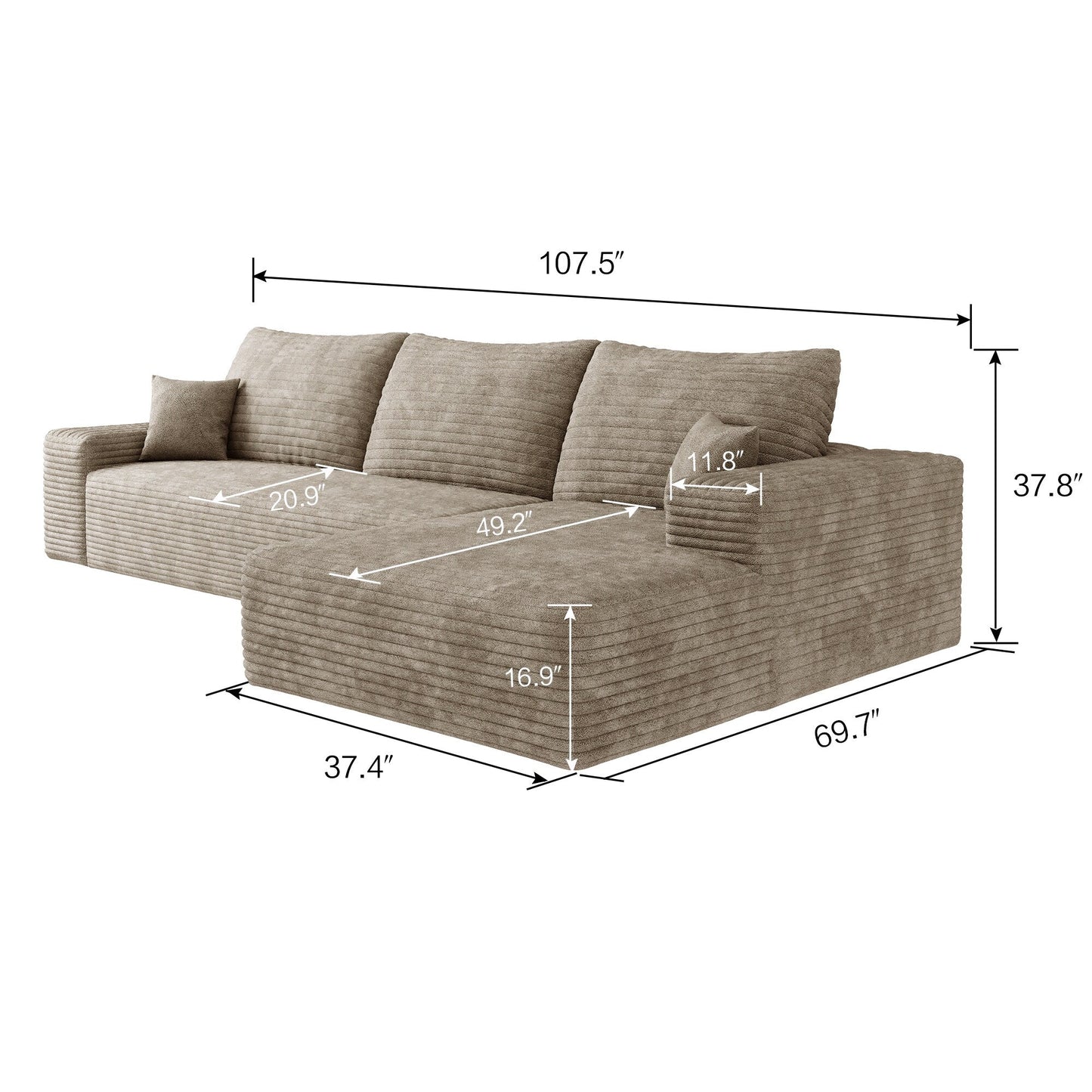 Canapé sectionnel modulaire en velours côtelé de 107 pouces avec méridienne et assise profonde pour salon et chambre à coucher