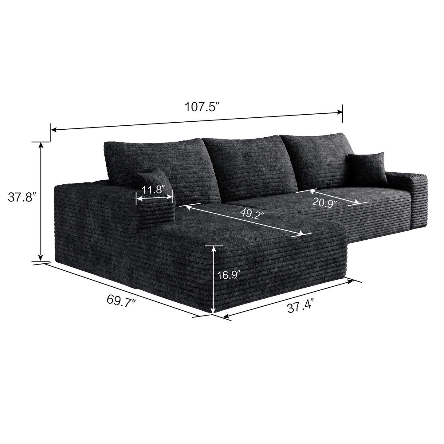Canapé sectionnel modulaire en velours côtelé de 107 pouces avec méridienne et assise profonde pour salon et chambre à coucher