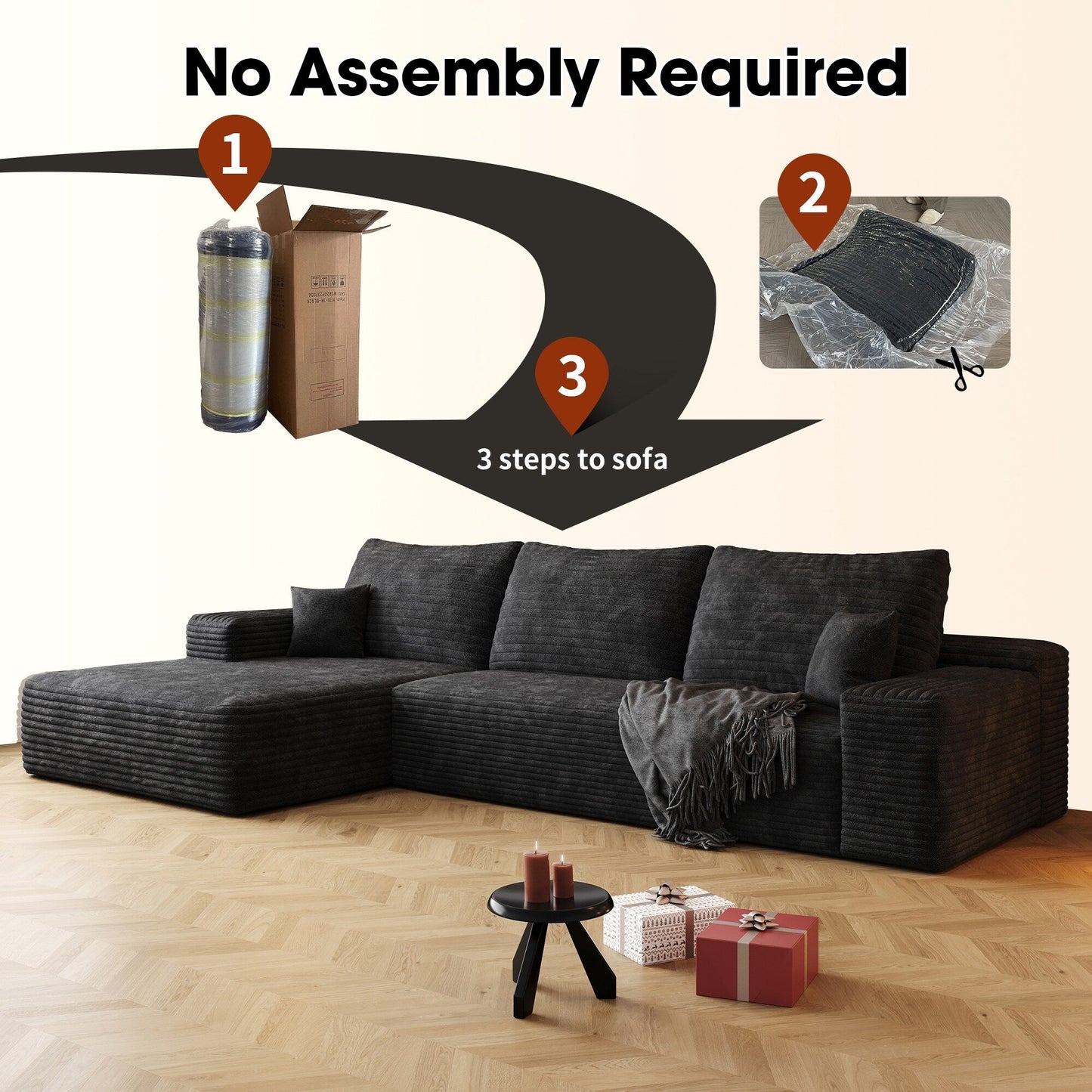 Canapé sectionnel modulaire en velours côtelé de 107 pouces avec méridienne et assise profonde pour salon et chambre à coucher