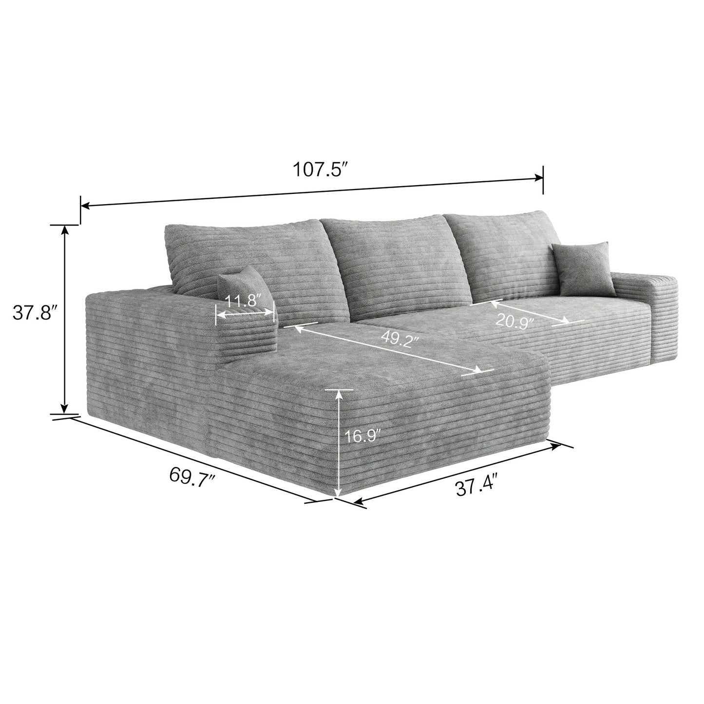 Canapé sectionnel modulaire en velours côtelé de 107 pouces avec méridienne et assise profonde pour salon et chambre à coucher