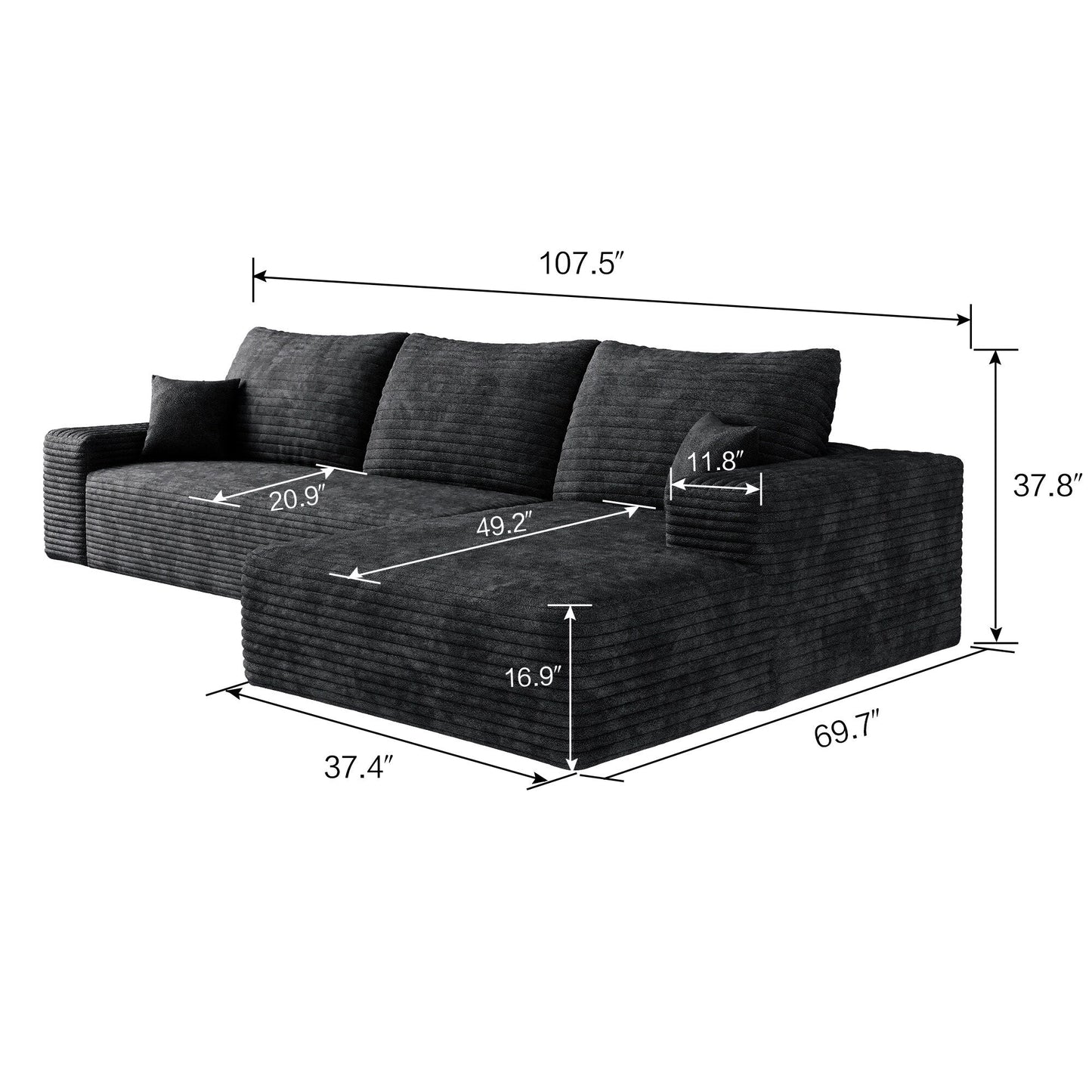 Canapé sectionnel modulaire en velours côtelé de 107 pouces avec méridienne et assise profonde pour salon et chambre à coucher