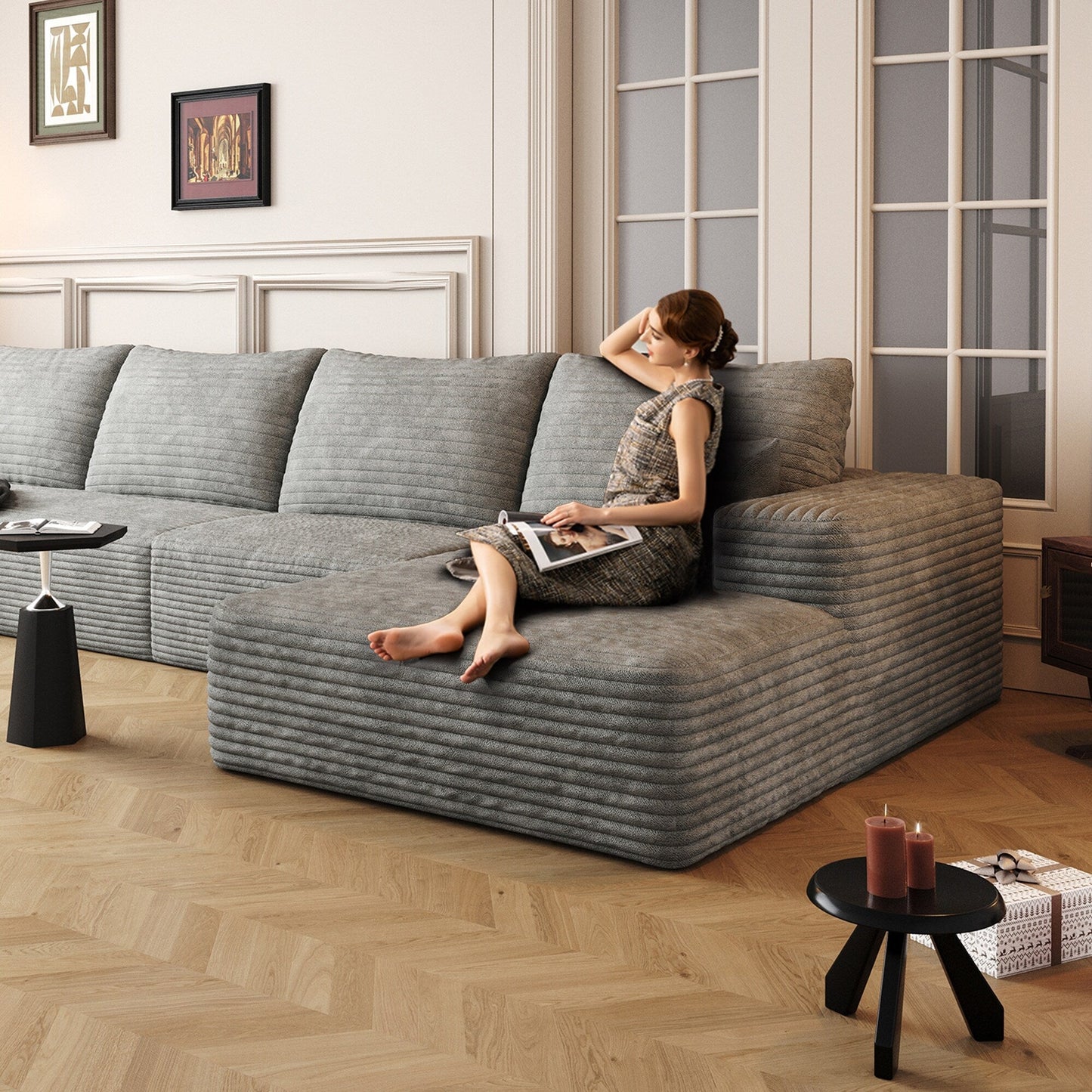 Canapé sectionnel modulaire en velours côtelé de 107 pouces avec méridienne et assise profonde pour salon et chambre à coucher