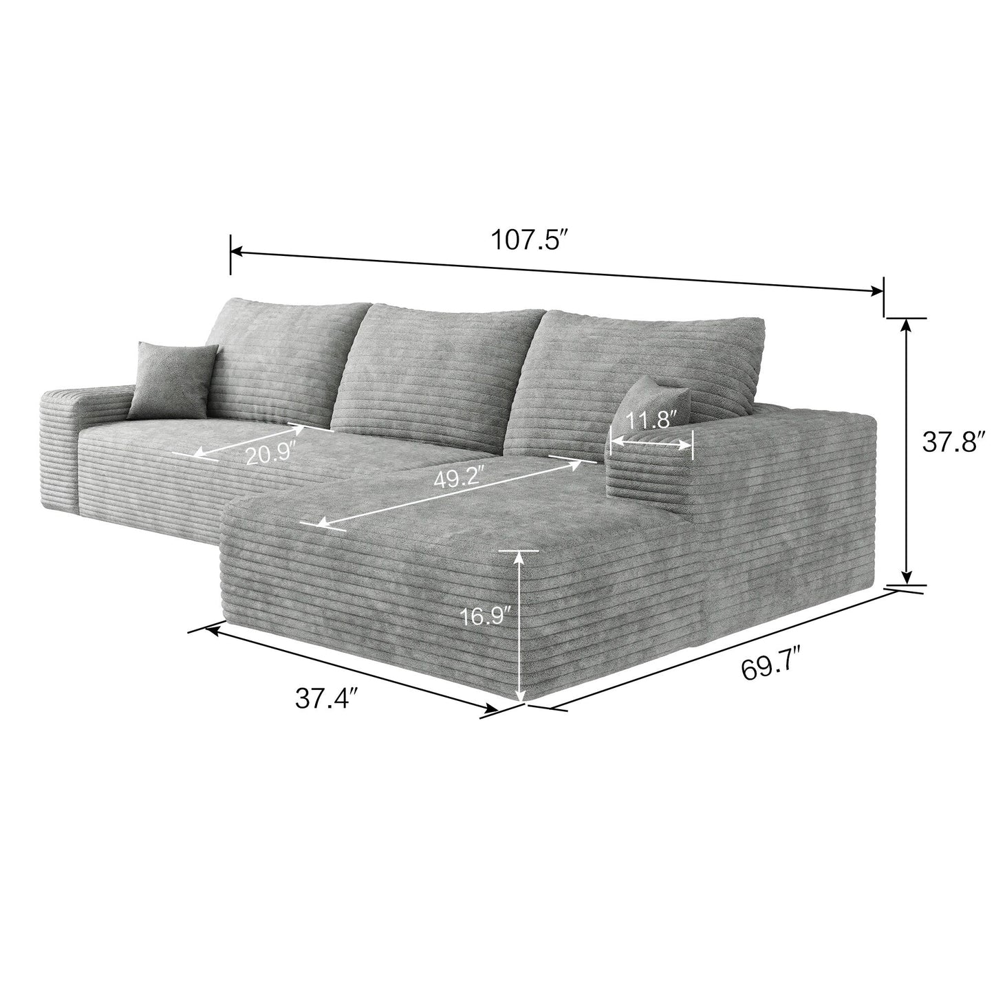 Canapé sectionnel modulaire en velours côtelé de 107 pouces avec méridienne et assise profonde pour salon et chambre à coucher