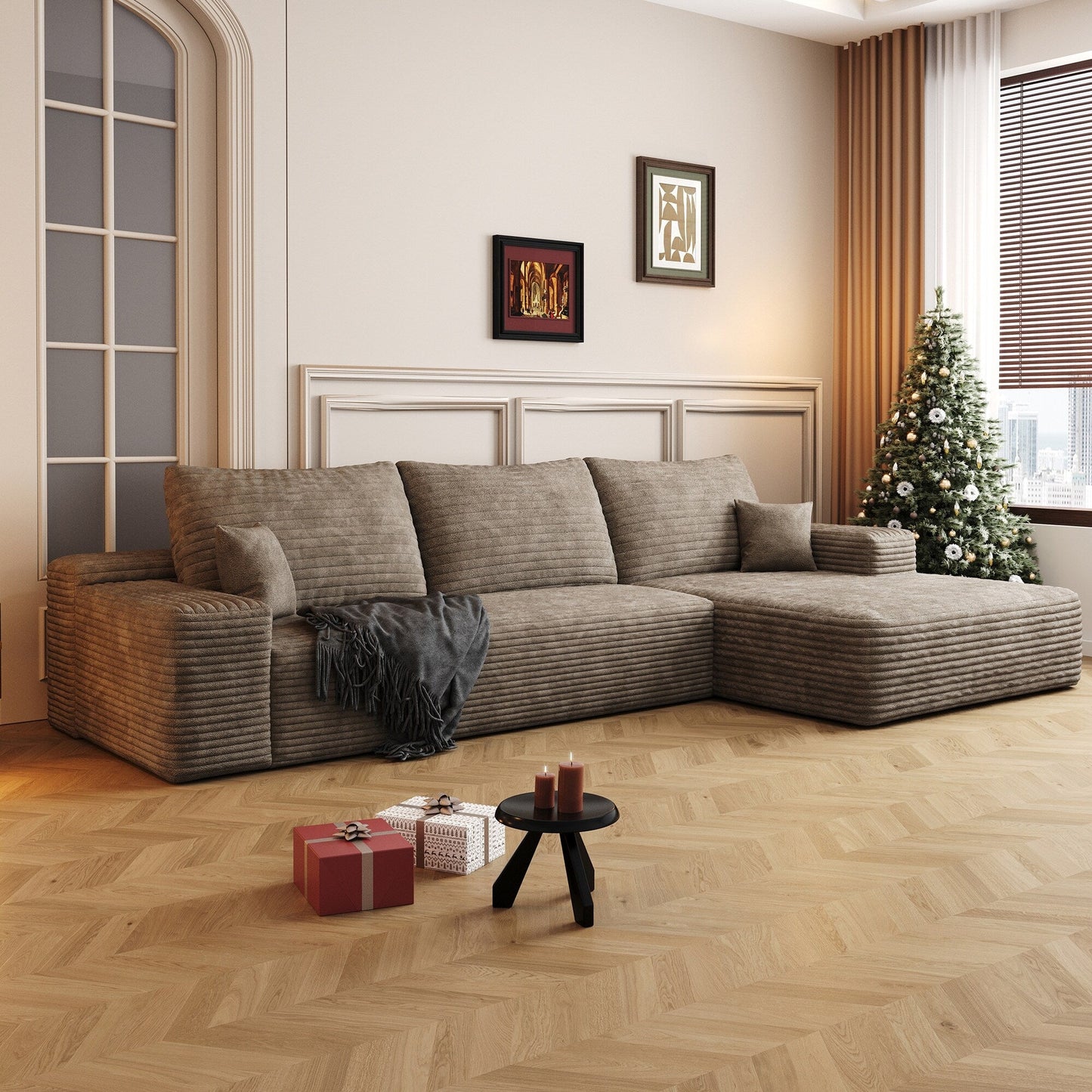 Canapé sectionnel modulaire en velours côtelé de 107 pouces avec méridienne et assise profonde pour salon et chambre à coucher