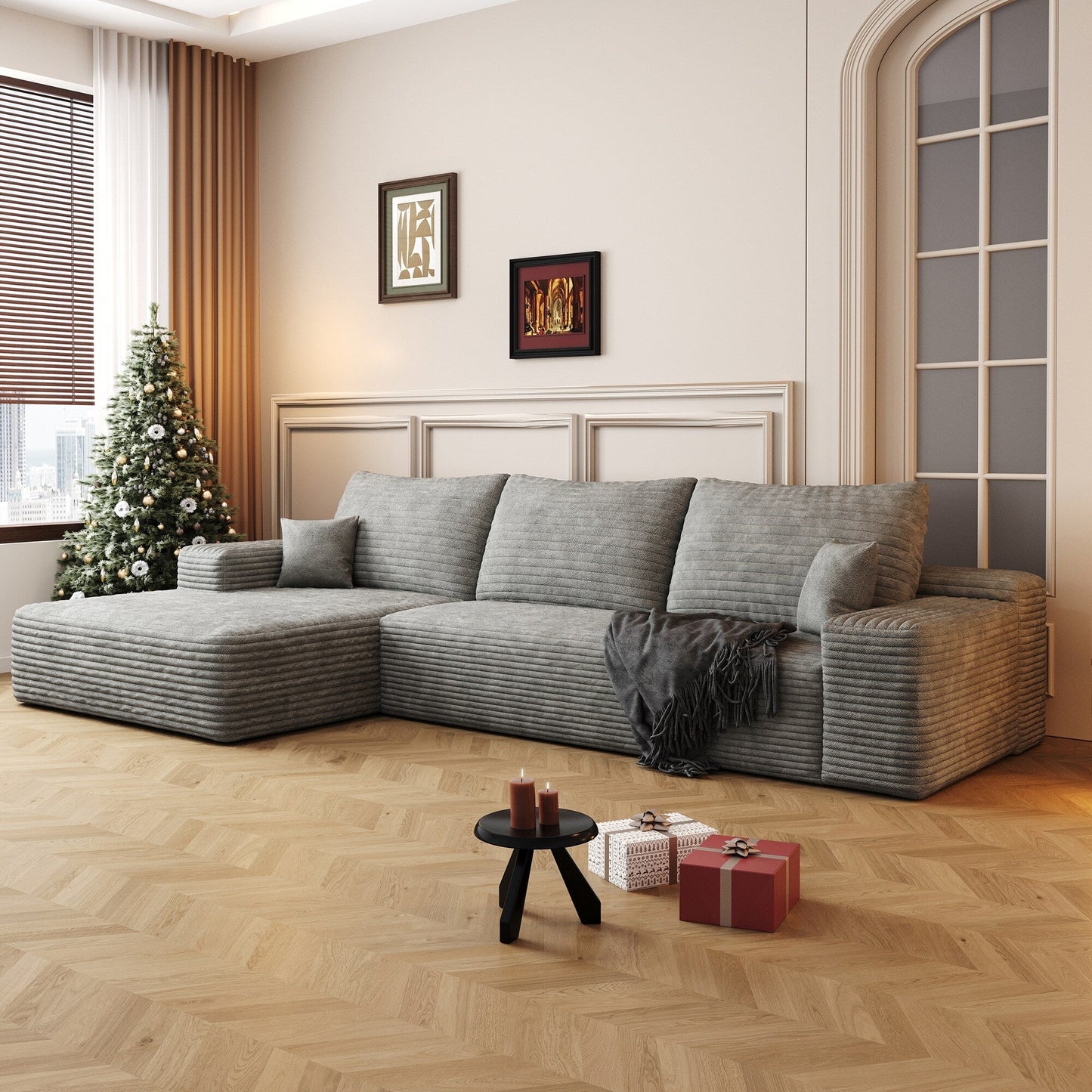 Canapé sectionnel modulaire en velours côtelé de 107 pouces avec méridienne et assise profonde pour salon et chambre à coucher
