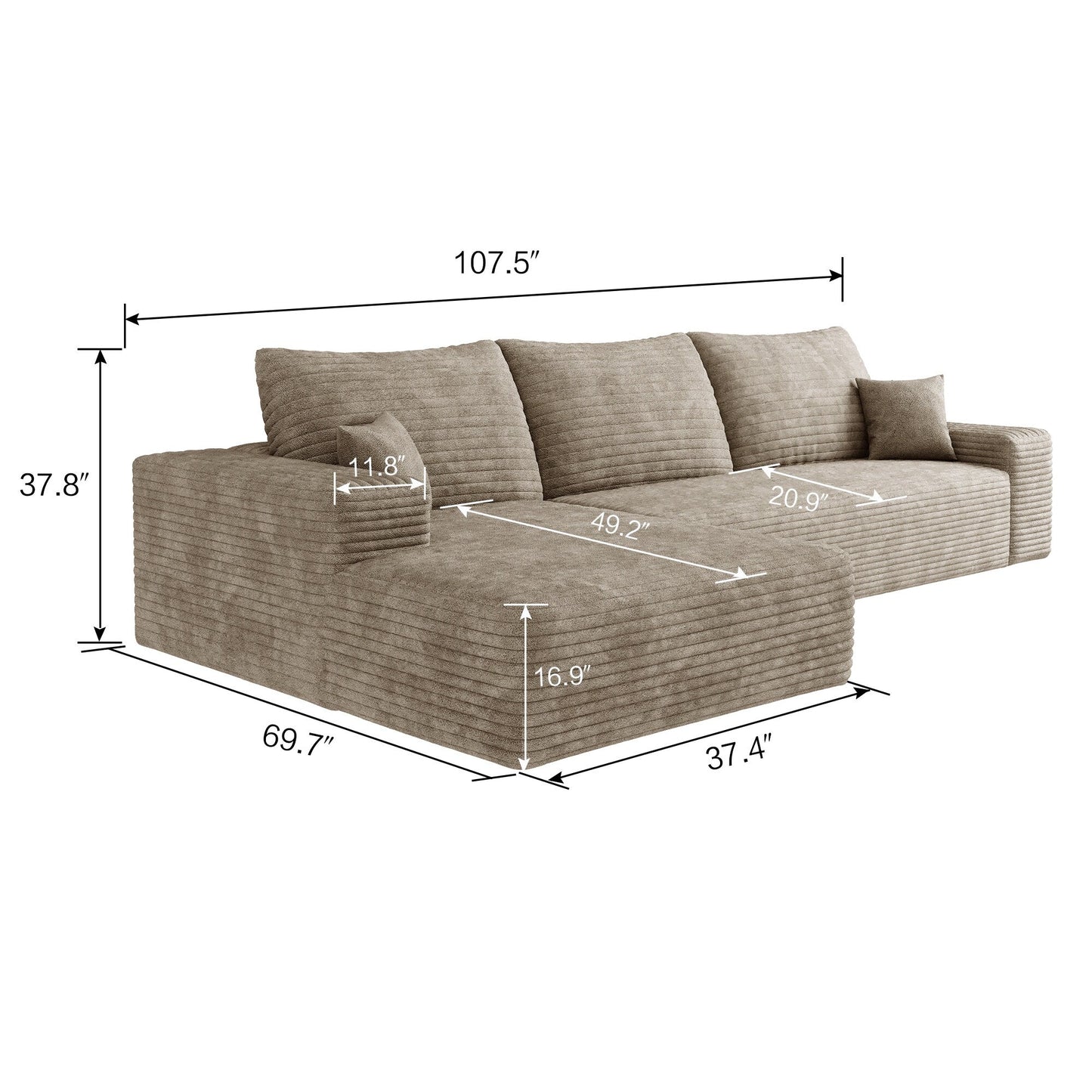 Canapé sectionnel modulaire en velours côtelé de 107 pouces avec méridienne et assise profonde pour salon et chambre à coucher