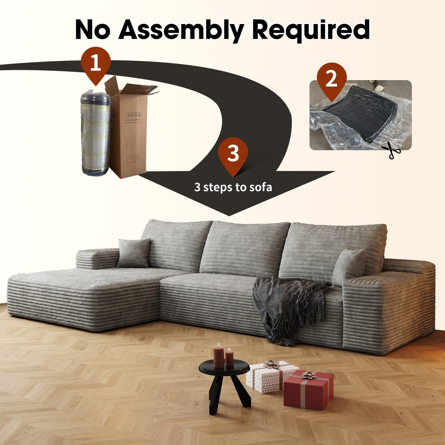 Canapé sectionnel modulaire en velours côtelé de 107 pouces avec méridienne et assise profonde pour salon et chambre à coucher