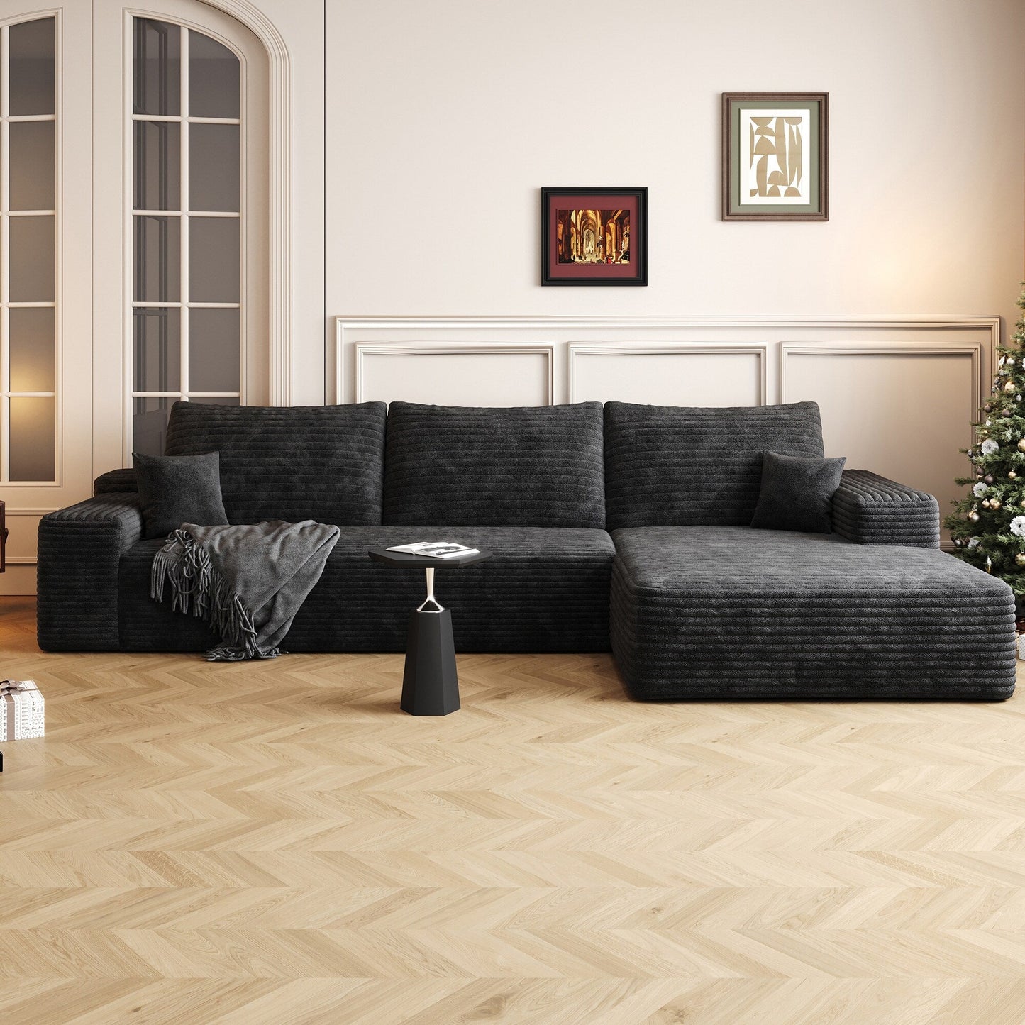 Canapé sectionnel modulaire en velours côtelé de 107 pouces avec méridienne et assise profonde pour salon et chambre à coucher