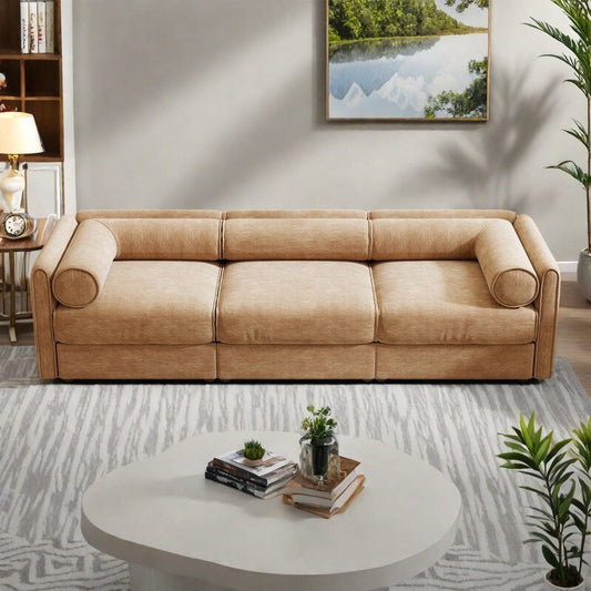Canapé 3 places en chenille avec compartiment de rangement, dossier cylindrique et design modulaire
