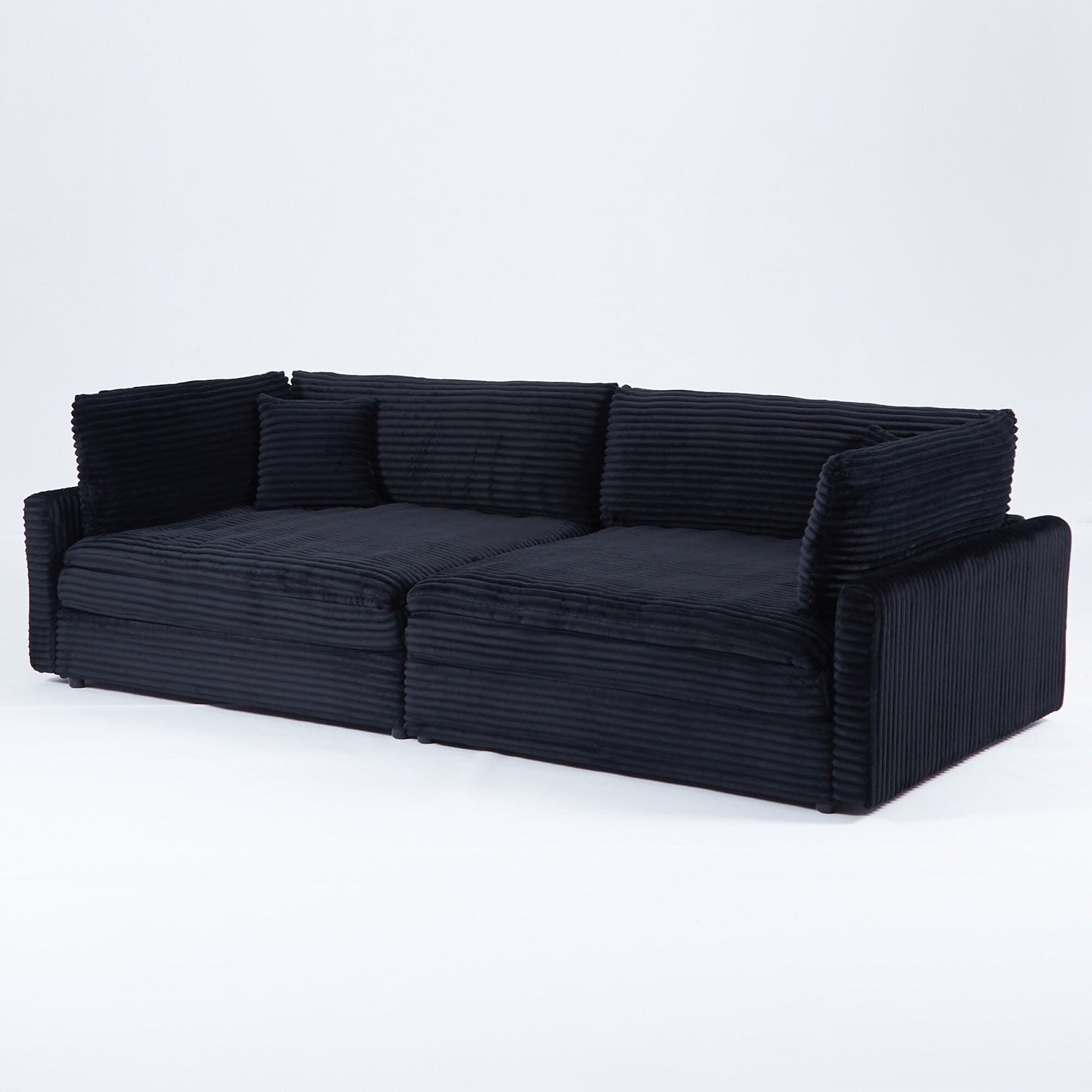 Canapé en velours côtelé noir de 112 pouces : deux coussins décoratifs, quatre dossiers, ouvrant un nouveau style pour l'espace décontracté du salon