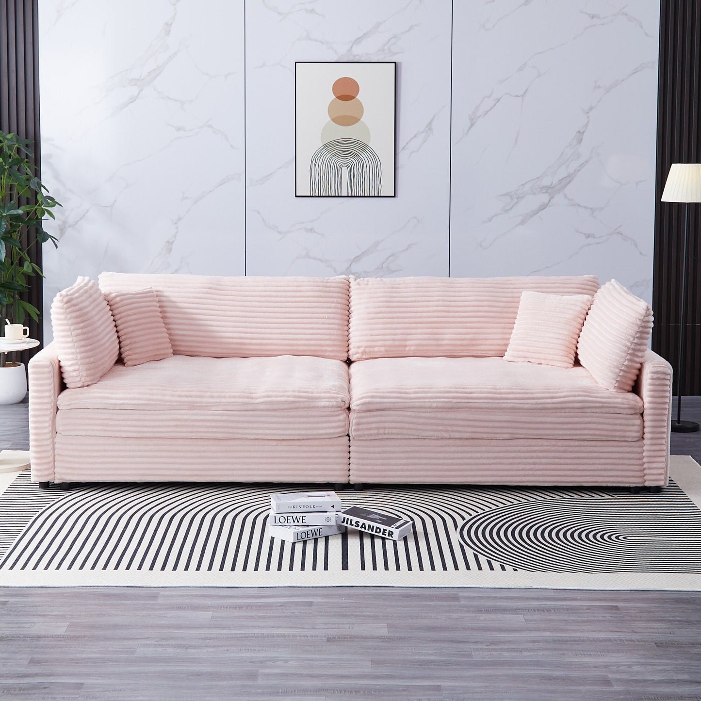 Canapé en velours côtelé noir de 112 pouces : deux coussins décoratifs, quatre dossiers, ouvrant un nouveau style pour l'espace décontracté du salon