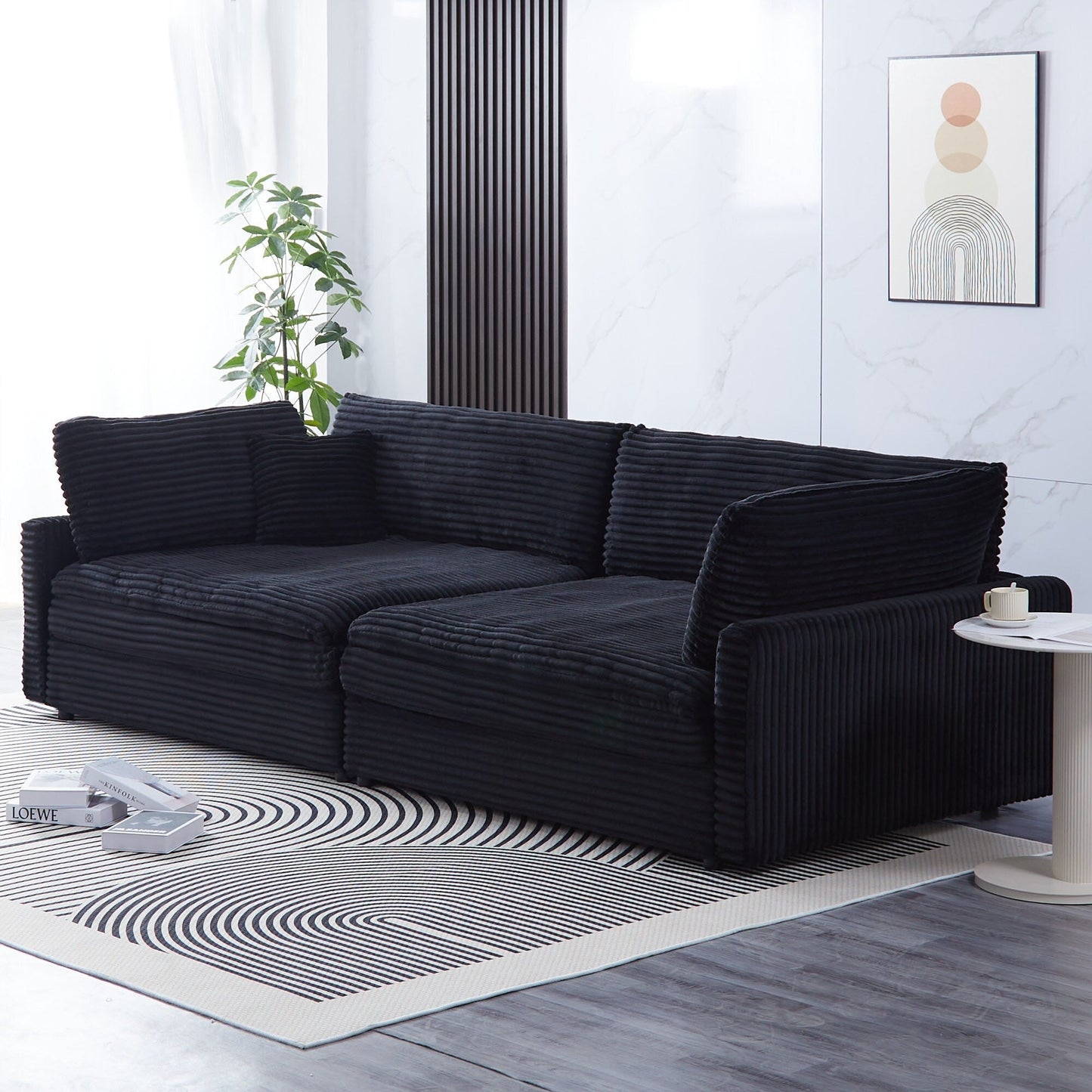 Canapé en velours côtelé noir de 112 pouces : deux coussins décoratifs, quatre dossiers, ouvrant un nouveau style pour l'espace décontracté du salon