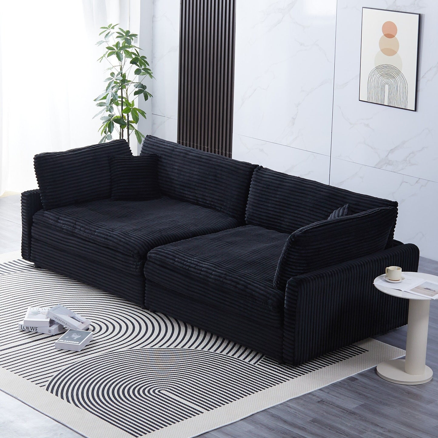 Canapé en velours côtelé noir de 112 pouces : deux coussins décoratifs, quatre dossiers, ouvrant un nouveau style pour l'espace décontracté du salon