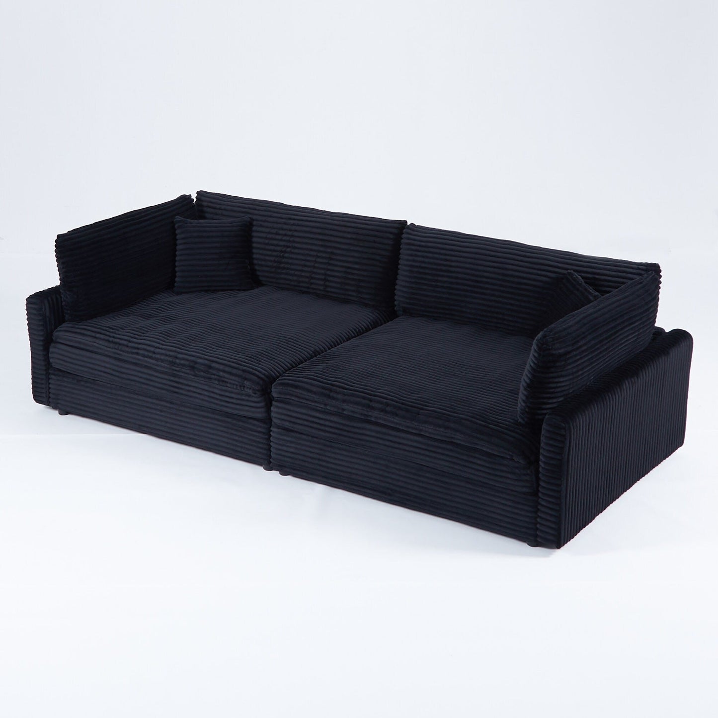 Canapé en velours côtelé noir de 112 pouces : deux coussins décoratifs, quatre dossiers, ouvrant un nouveau style pour l'espace décontracté du salon