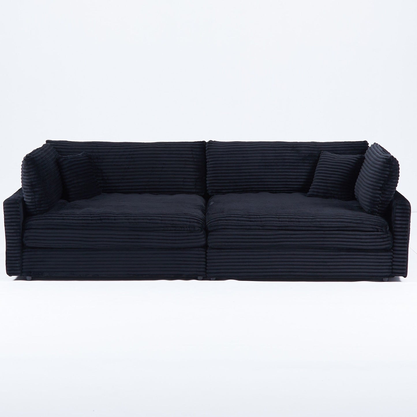 Canapé en velours côtelé noir de 112 pouces : deux coussins décoratifs, quatre dossiers, ouvrant un nouveau style pour l'espace décontracté du salon