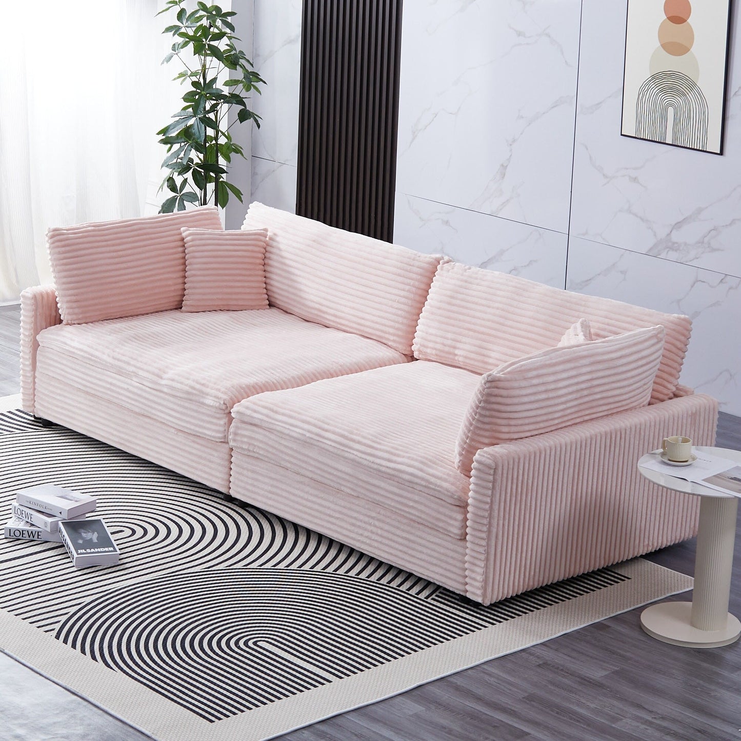 Canapé en velours côtelé noir de 112 pouces : deux coussins décoratifs, quatre dossiers, ouvrant un nouveau style pour l'espace décontracté du salon